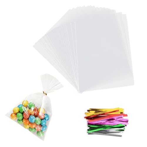 Wanheart 100 Stück Klarsicht OPP Beutel mit 100 Bunt Twist Ties für Süßigkeiten Kekse Popcorn Brot Geschenkverpackung für Party Hochzeit Weihnachten (Transparent 10x15 cm)