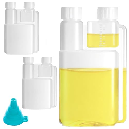Lot de 3 flacons doseurs à double col en PEHD - Bouteilles liquides 1 x 1 litre non remplies avec compartiment de dosage de 100 ml - 2 x 100 ml avec chambre...