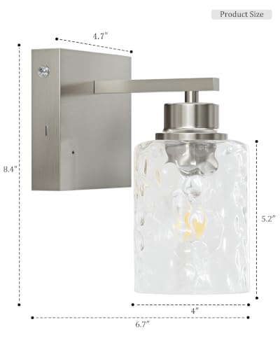 Image of Hammered Glass Wireless Battery Operated Wall Sconces Set of Two Nickel | Dimmable Rechargeable Wall Lights with Remote Timer, Easy Install Lamp for Living Room Bedroom, Emergency 3000K