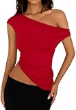 Picture of PRETTYGARDEN Womens 2025 Summer Off The Shoulder Crop Tops Sleeveless One Shoulder Ruched Asymmetrical Y2K Going Out Tank Top (Red,Medium)