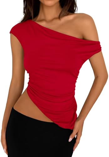 PRETTYGARDEN Womens 2025 Summer Off The Shoulder Crop Tops Sleeveless One Shoulder Ruched Asymmetrical Y2K Going Out Tank Top (Red,Large)