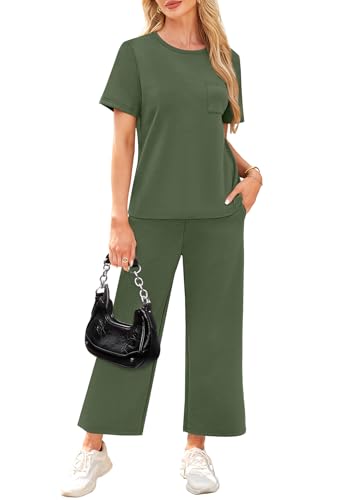 Image of WIHOLL 2 Piece Sets for Women Casual Summer Travel Vacation Outfits Short Sleeve Wide Leg Crop Pants Lounge Sets