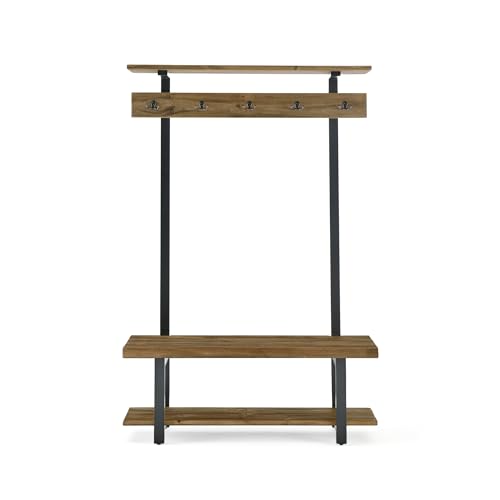 Alaterre Furniture Pomona Coat Hooks – Modern Farmhouse 48" Solid Wood Hall Tree with Bench, Shelves & Metal Coat Hooks – Mudroom & Foyer Storage for Jackets, Bags & Shoes (Rustic Brown)