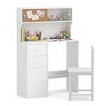 COSTWAY Kids Desk and Chair Set, Wooden Study Table with 2 Drawers, Pegboard, Cork Bulletin Board, Sliding Doors, Children Writing Desk Chair Set for 4-7 Years Old Boys Girls (White)