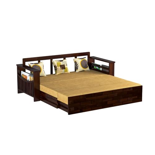 Image of Mamta Furniture Solid Wood Foster 3 Seater Sofa Cum Bed with 40 Density Cushions for Living Room, Three Seater Sofa Bed for Home, Sofa Com Bed, Sheesham Wood Natural Walnut Finish