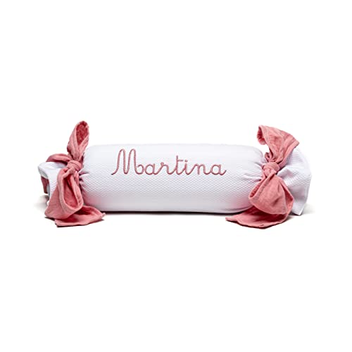 Nenel Cojín Decorativo para Cuna o Carrito Personalizado – Caramelo bebé con Nombre - Rulo recién Nacido Bordado - Bambula (Rosa Maquillaje)