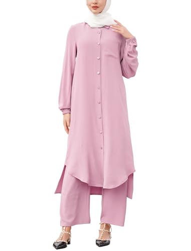 Image of IDOPIP Abaya Dress for Women Muslim Set Long Sleeve Chiffon Islamic Dress Shirt with Pants 2PCS Dubai Prayer Casual Clothes