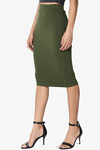 Women's Basic Comfort Stretch Cotton Elastic High Waist Knee Midi Pencil Skirt Army Green S #TOP2