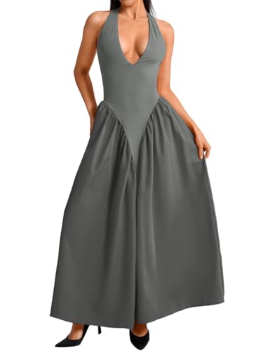 Image of ChiaoLezhee Deep V Neck Dress, Halter Maxi Dresses, Vacation Date Night, Sexy for Women Corset Flowy Wedding Guest Drop Waist