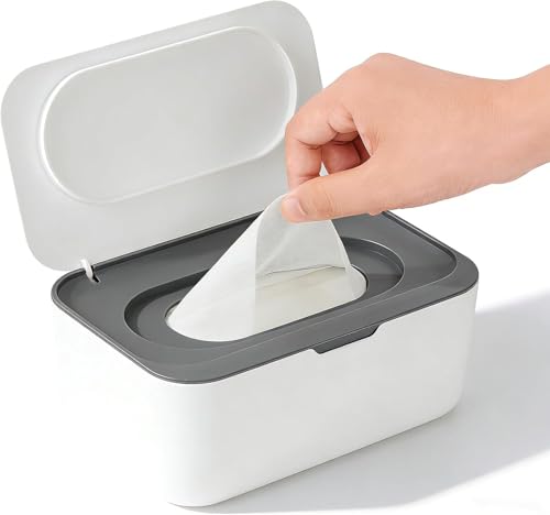 XxinXrong Wet Wipes Dispenser, Wet Wipes Dispenser Bracket, Wet Wipes Container Box Refillable, Wet Wipes Storage Box for Home Office Kitchen Bathroom to Keep Wipes Fresh and Clean - White Grey