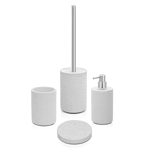 Inbagno Set Bagno Accessori Completo – 4 Pezzi, Kit Accessori appoggio Effetto Pietra Bianco, Include Dispenser, portaspazzolini, portasapone e scopino WC, (Set Completo)