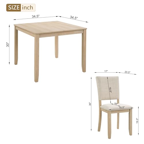Image of KEIKI 5-Piece Standard Height Dining Table Set with Square Table, 4 Upholstered Curved Backrest Chair, for 4 Person, Modern Style Table Set, Easy Assembly, for Kitchen, Dining Room, Light Oak+Beige