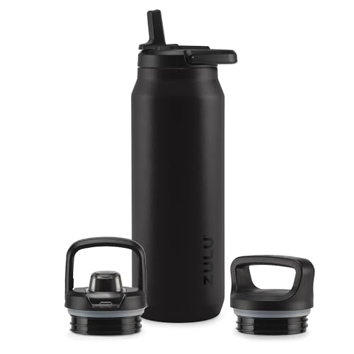 Image of ZULU Base 40oz Stainless Steel Water Bottle with 3 Lids- Straw, Chug, Twist | Double Walled and Vacuum Insulated Metal Thermos | For Gym, Outdoor | Built in Carry Loop, Dishwasher Safe, Black