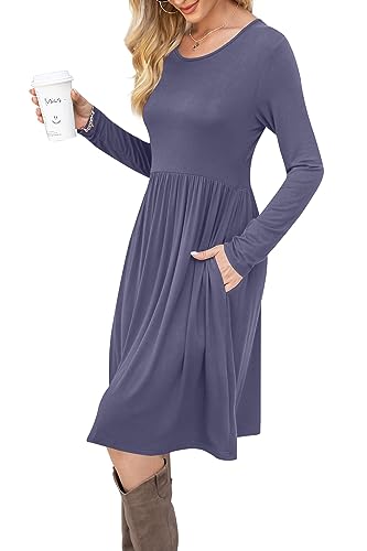 Image of DB MOON Women Casual Long Sleeve Dresses Empire Waist Knee Length Loose Dress with Pockets