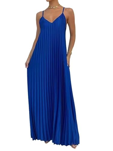 Image of Women's Summer Casual V Neck Sleeveless Strappy Pleated Flowy Loose Maxi Long Beach Dress