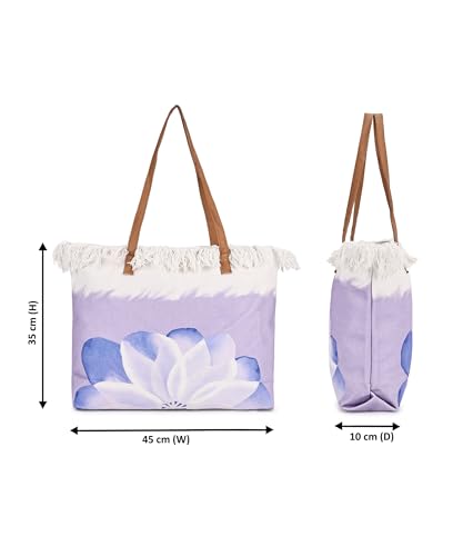 Image of GRECIILOOKS Eco Canvas Boho Tote Bag for Women, Spacious Jute Handbag with Faux Leather Straps, Frayed Edge & Floral Print, Lightweight Shoulder Bag for Beach Travel Shopping Work