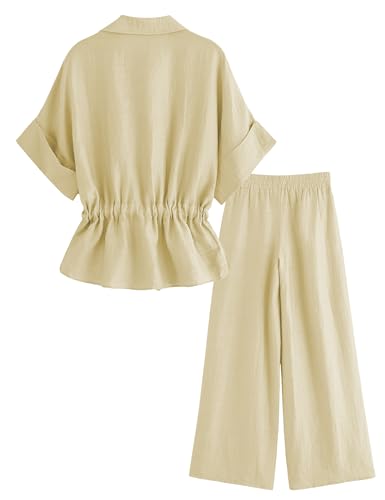 Mingzhu Women's 2 Piece Linen Outfits Short Sleeve Zipper Drawstring Waist Shirts Elastic Waist Wide Leg Pants With Pockets2