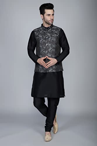 Ethluxis Men's Silk Blend Embroidered Kurta with White Churidar Set