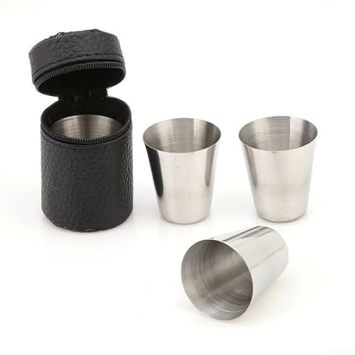 Juego de 4 vasos de chupito de vino de acero inoxidable de 30/70 ml con funda compacta de piel sintética negra para acampar al aire libre, vacaciones, picnic fiestas (30 ml)