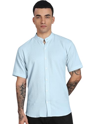 Image of Men's Regular Fit Solid Casual Shirt - Short Sleeve, Mandarin Collar, Lightweight Polyester, Stylish Everyday Wear