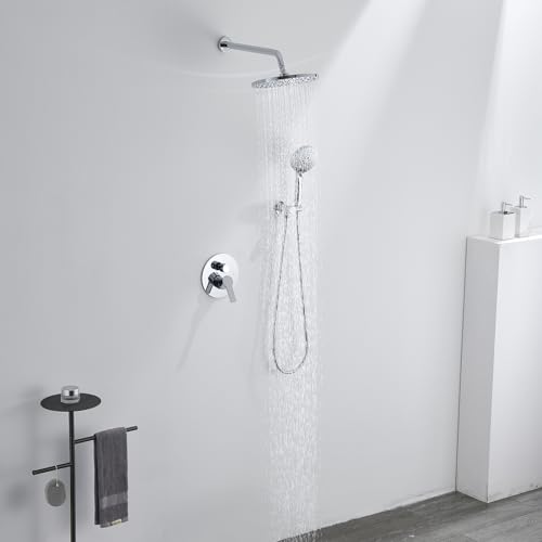 Iriber Shower System Wall Mounted Shower Faucet Mixer Set with Luxury High Pressure Shower head and 3-Setting Handheld, Bathroom Shower Trim Kit Contain Pressure Balance Valve,Polished Chrome