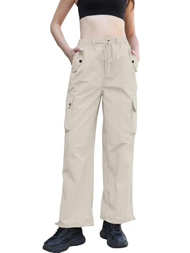 Image of Betusline Girls & Women's High Waist Wide Leg Cargo Pants Y2K Parachute Pants with Pockets and Drawstring 6 Years-Women 2XL