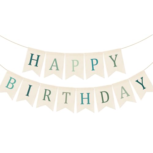 Image of Doumeny Happy Birthday Burlap Banner Boho Birthday Banner Garland Neutral Green Bohemian Party Bunting Flag Colorful Happy Birthday Sign Hanging Garland for Home Fireplace Nursery Party Backdrop Decor