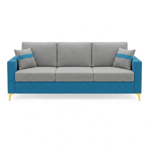 Image of Strike Dual Tone Plush 5 Seater L Shape Sofa Set with 2 Movable Ottomans | Flexible Layout | Silken Velvet Suede|Golden Metal Legs| for Living Room & Office Spaces (Aqua Blue & Dark Grey)