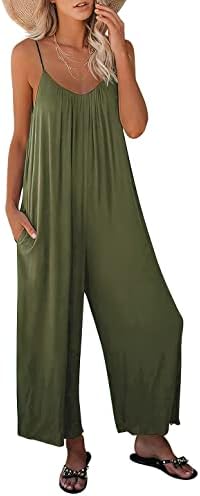 Prinbara Womens Casual Sleeveless Strap Loose Adjustable Jumpsuits Stretchy Long Pants Romper with Pockets Army Green 3PA70-ganlanlv-M