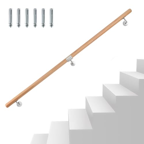 Eikuavons Handlauf Buche Holz, 200cm Geländer Wandhandlauf Wand Treppe mit Wandhalterung und Endkappen, Rutschfester Holzhandlauf Treppengeländer für Treppen Balkon, Runder 42 mm Ø