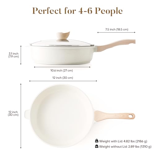 Image of Kordisen Nonstick Ceramic Deep Frying Pan, 12 Inch Non Toxic Large Skillet with Lid, 5 Qt Healthy Jumbo Cooker, Saute Pan for Cooking, Induction Cookware, PFOA & PFAS Free (Cream)