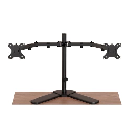 Support pour deux écrans de bureau avec socle stable et bras oscillants ergonomiques
