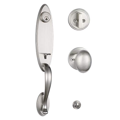 Satin Nickel HandleSet with Knob Door Handle (for Entrance and Front Door) Reversible for Right and Left Handed and a Single Cylinder Deadbolt Handle Set Satin Nickel Finish,MDHST2006SN-AMZ