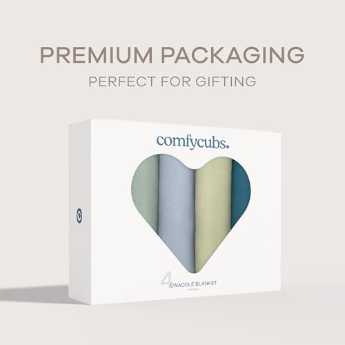 Image of Comfy Cubs Muslin Swaddle Blankets Pack of 4, 47 x 47 Inches, Soft Cotton Baby Blanket Set, Large Multipurpose Swaddling Wraps for Newborns - Self-Soothing Swaddle - Sage, Pacific Blue, Fern, Neptune