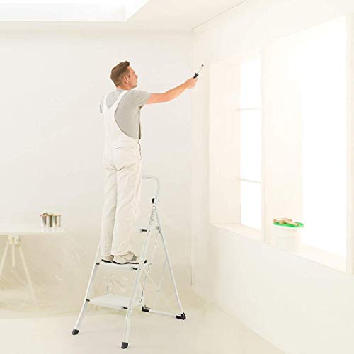 Delxo 3 Step Ladder Folding Step Stool Ladder with Handgrip Anti-Slip Sturdy and Wide Pedal Multi-Use for Household and Office Portable Step Stool Steel 300lbs White (3 feet)