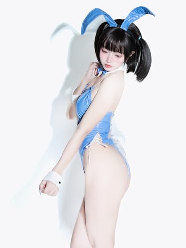 [SENMHS] 逆バニー シースルー バニーガール コスプレ セクシー エロ 調教 誘惑 過激 小悪魔 うさぎ バニー コスチューム レオタード 仮装 ハイレグ 大胆 ランジェリー うさぎ耳 カチューシャ パーティー レディース (ブルー) - 画像6
