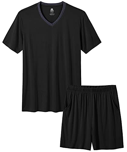MoFiz Mens Pajama Set Summer Pjs Sleepwear Nightwear Lightweight Quick Dry Soft Short Sleeve V-Neck Pjs Sleep Set With Pocket