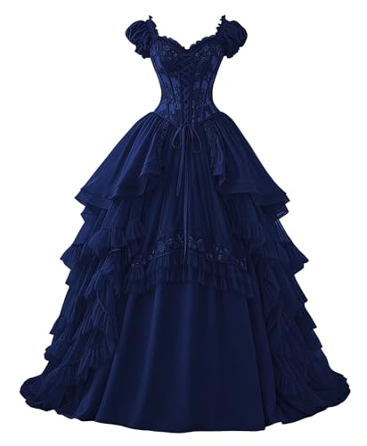 Ftupza Vintage Wedding Dresses with Short Sleeves Navy Blue Ball Gown Lace Appliques Victorian Dress for Women Sweetheart Bridal Gown 14