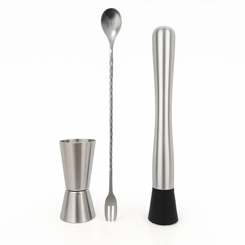 Image of finality Mojito Muddler Bar Tool Set, 3 PCS Cocktail Set Mixing Tools Stainless Steel Cocktail Muddler with Cocktail Spoon Long Handle and Jigger for Mojitos Fruit Drinks (Fork Spoon Set)