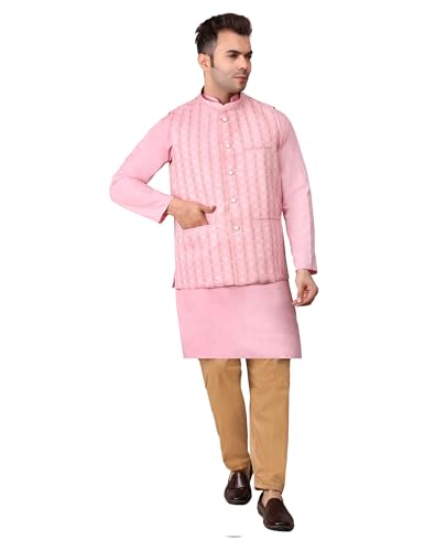 Image of Men's Cotton Silk Blend Regular Kurta Pyjama, Embroidered Nehru Jacket /Waistcoat Set