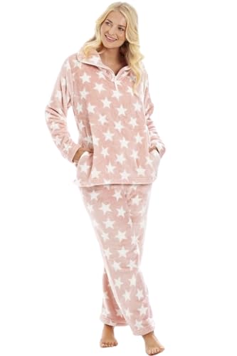 Camille Womens 2-Piece Super Soft Pyjama Set | Warm Thick Fleece Full Length PJ Set Top & Bottoms | Long Sleeves & Elastic Waist | Luxury Feel Comfy Fluffy Loungewear for Women | Pink & White 14-16