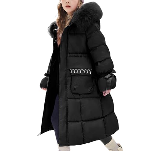 Winter Coats for Girls Long Down Jackets with Fur Hood Drawstring Waist Thick Warm Bubble Coat Padded Puffer Jacket