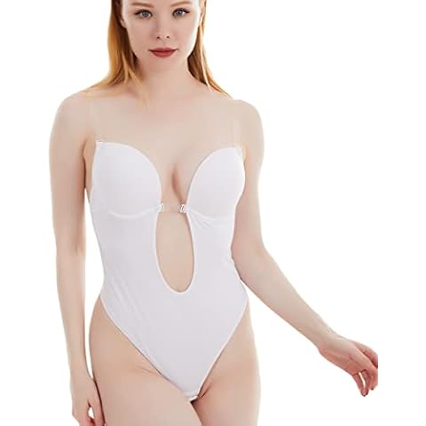 KLONKEE Women's Backless Shapewear U Plunge Lace Bodysuit Deep V Neck Body Shaper for Low Back Dress,White-32B(WHITE-32-S) Cover
