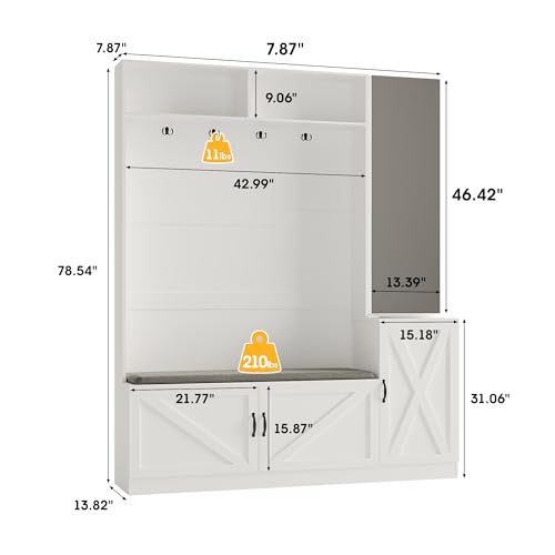 Fameill 79" Hall Tree with Bench and Shoe Storage, Tall Coat Rack with Mirror and Hidden Storage Shelves, Entryway Shoe Organizer with Cushion for Mudroom, 6 Shoe Cubbies & 4 Double Coat Hooks, White - Image 3