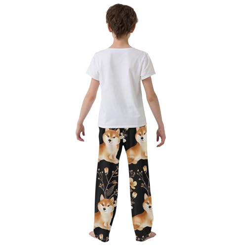 Lovely Corgi Dog Floral Boys Long Pants Soft Trousers Elastic Waist Kids Lounge Bottoms with Pockets S-XL3
