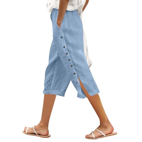 Pantalon trois-quarts ample femme couleur unie avec boutons latéraux