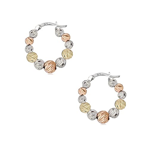 Savlano 925 Sterling Silver Beaded Round Hoop Earrings – 18K Gold Tri Color Plated Hoop Earrings for Women - Made In Italy Comes with Savlano Gift Box2