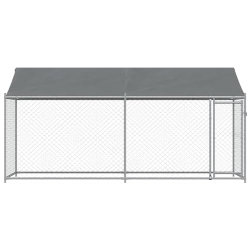 Gecheer Hundezwinger mit Dach und Tür Grau 4x2x2 m Verzinkter Stahl, Hundezwinger Outdoor-Hundekäfig Sicherer Hundeauslauf für Garten Terrasse Draußen