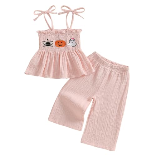 Kayotuas Halloween Toddler Girl Outfits Pumpkin Smocked Spaghetti Strap Tank Top Dress Gingham Plaid Pants Halloween Clothes (Halloween Pink 2-3T)