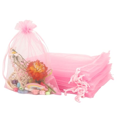 Nurplexl Organza Bags, Pink Sheer Organza Bags 5" x 7" 50 PCS Mesh Bag Drawstring Sachet Bag for Birthday Wedding Party Christmas Halloween Favor Fruit Protection
